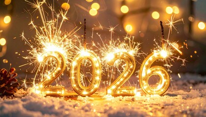 Golden sparkling “2026” numbers glowing like sparklers against a dark festive background with bokeh lights.