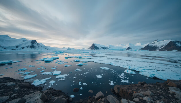 Icy landscape with mountains and icebergs under cloudy skies