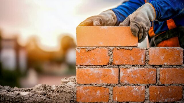 Bricklayer masonry construction brick wall worker gloves trowel mortar build craft skill labor site sunrise energy skilled hands shaping sturdy brick