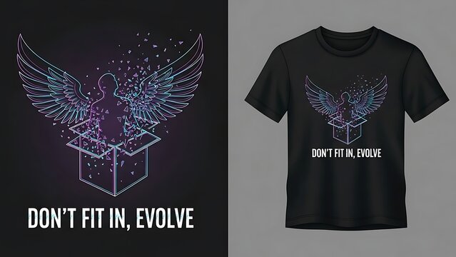 Don't fit in evolve quote with neon glowing silhouette of winged person emerging from box