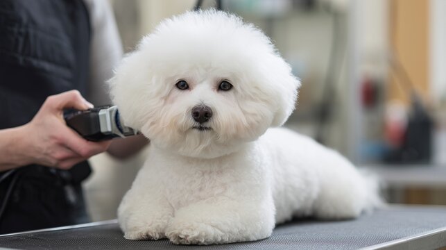 A groomer is trimming the fluffy fur of a Bichon Frise dog with clippers in a bright grooming salon. The Bichon Frise sits calmly on the table, enjoying the careful attention from