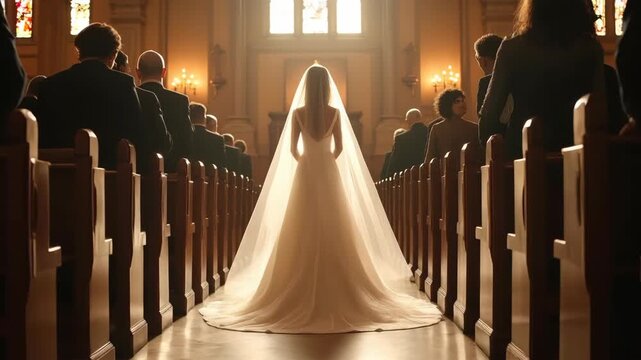 Bride walking down aisle in cathedral with veil 
