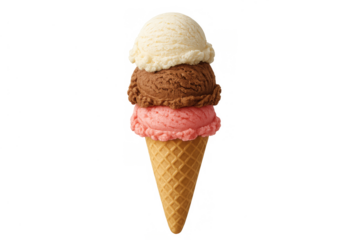Stacked ice cream scoops on a waffle cone featuring vanilla, chocolate, and strawberry flavors creating a tasty dessert