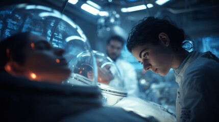 In a futuristic laboratory, a focused woman scientist studies the vital signs of young male subjects positioned in stasis pods. This advanced space laboratory hosts intricate techn