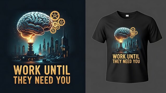 Work until they need you quote t-shirt design with brain illuminating future cityscape