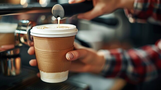 Barista in chic caf   crafting coffee in an inviting atmosphere with minimalist warm tones