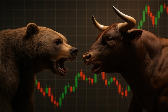 Financial Conflict: A dynamic visualization depicting the financial market's bullish and bearish trends. A powerful bear and bull facing each other, with financial charts in the background.