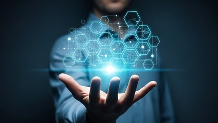 Conceptual image showing data science and technology innovation with connected hexagons floating above a hand indicating control