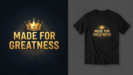 Shiny gold crown with sunburst rays surrounding golden luxury typography text design template apparel.