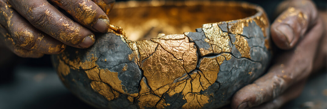 Hands holding a kintsugi bowl with gold filling the cracks in the broken pottery