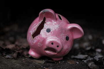 Cracked piggybank. Financial security concept. Broken money box. Finance saving goals for young adults in economic crisis, job loss, pension, redundancy, housing market, inflation, stagflation. Banner