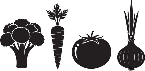 Silhouette of fresh broccoli carrot tomato and onion vegetables isolated on white background