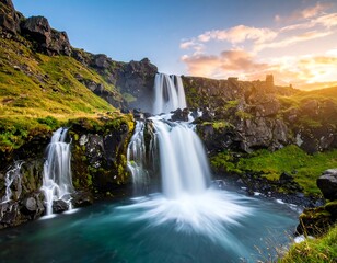 Obraz premium Serene waterfall cascading through mossy cliffs with a vibrant sky backdrop, captured with a long exposure effect
