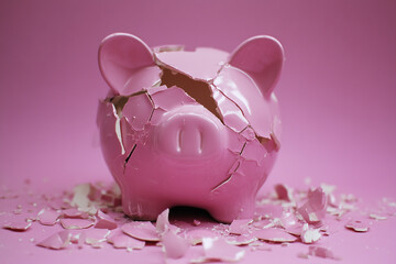 Cracked piggybank. Financial security concept. Broken money box. Finance saving goals for young adults in economic crisis, job loss, pension, redundancy, housing market, inflation, stagflation. Banner