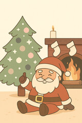 Cute Santa Claus Sitting by Christmas Tree and Fireplace Vector