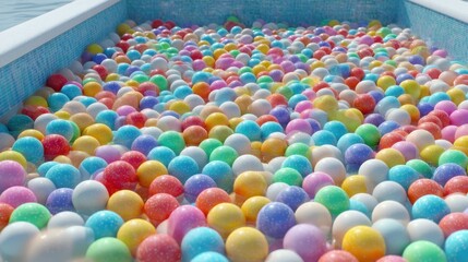 A pool is filled with an assortment of colorful balls in various sizes. The scene is lively and inviting perfect for children and adults enjoying a warm day outdoors.