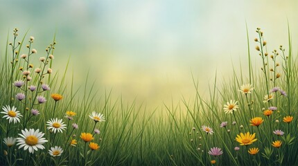 Field of flowers against the blue sky. Flowers are white, pink and yellow.