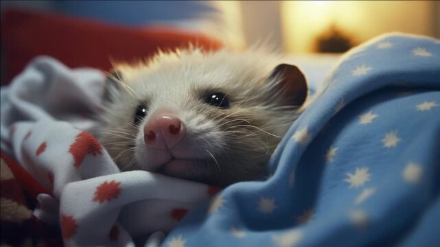 Cute Hedgehog Curled Up in a Soft Blanket with Stars and Stripes Pattern