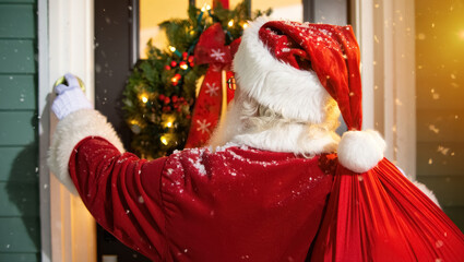 Santa Claus, carrying a large red gift bag and dusted with snow, reaches for the doorbell on a warmly decorated porch with glowing Christmas wreaths and soft holiday lights