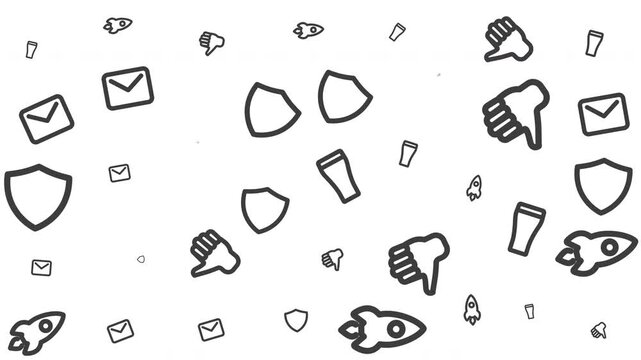 Digital communication icons floating in abstract technology graphic with shield, email, thumbs down, and rocket symbols on white background from top view