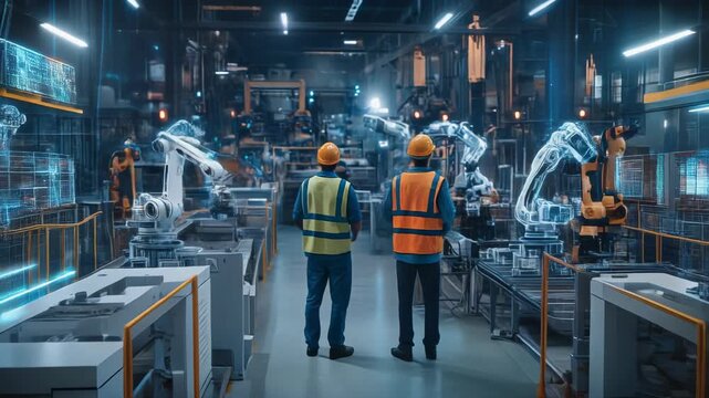 Innovative Factory Workers Overseeing Advanced Robotic Automation in Industry