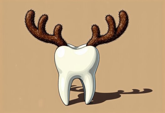 Whimsical Illustration of a Tooth Adorned with Furry Antlers on a Minimalistic Background Highlighting Surrealism and Creativity