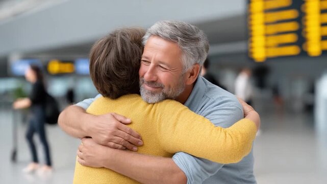 Witness the joy of a heartfelt reunion. A touching embrace at the airport highlights the powerful bond of family. A perfect moment to cherish and share. AI