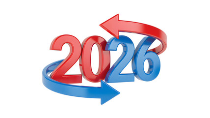 2026 year with red and blue arrows representing change and future trends isolated on white background