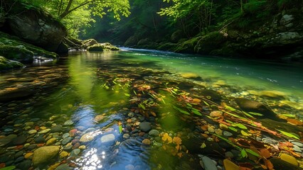 Crystal Clear River Flowing Through Lush Green Forest.