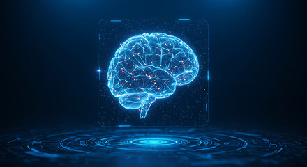 Abstract glowing blue digital representation of a human brain with neural network connections, symbolizing artificial intelligence, machine learning, and advanced technology