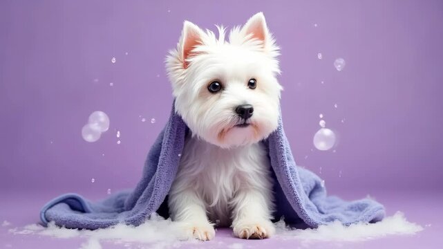 Adorable West Highland White Terrier dog on a purple backdrop post-bath. Dog enveloped in a towel amidst soap bubbles. Pet grooming idea. 
