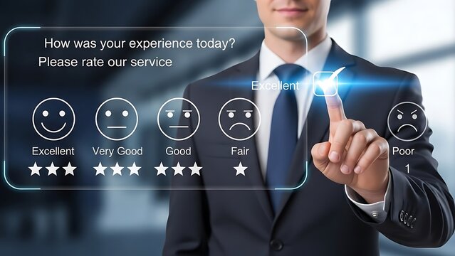Customer Experience Survey Interface with Businessman Choosing Excellent Rating Highlighting Service Quality and Satisfaction for Enhanced User Engagement and Business Insights
