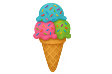 Colorful triple scoop ice cream cone with vibrant sprinkles, summer sweet dessert, refreshing treat