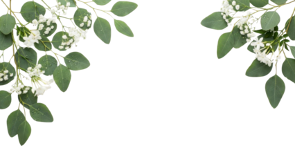 Delicate white blossoms and vibrant eucalyptus foliage create a stunning botanical frame perfect for wedding invitations and elegant design projects