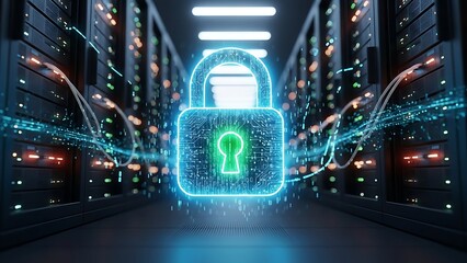 Cybersecurity in Data Center - Glowing Padlock Protecting Servers.