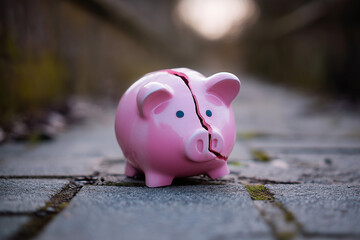 Cracked piggybank. Financial security concept. Broken money box. Finance saving goals for young adults in economic crisis, job loss, pension, redundancy, housing market, inflation, stagflation. Banner