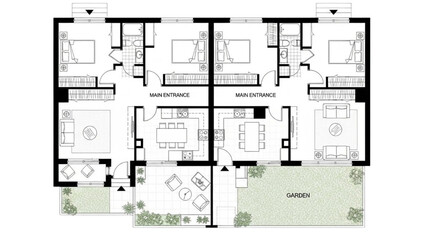 Suburban Duplex Floor Plan – Black & White Architectural Layout with Mirrored Living Spaces, Dual Entrances & Shared Backyard Design