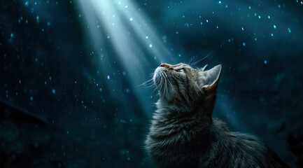 Gray cat looking upwards - Starry night background - Curiosity and wonder
