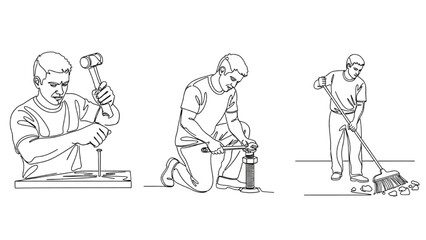 Black Continuous Line Art of Workers Performing Tasks – Man Hammering a Nail, Man Tightening a Bolt with Wrench, and Man Sweeping Floor