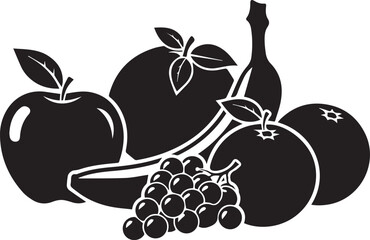 Silhouette of assorted fruits and a bottle on a white background