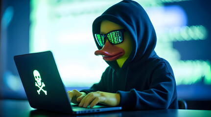 A cartoon duck in a black hoodie and sunglasses is typing on a laptop with a skull and crossbones logo, illuminated by green light, suggesting a hacker theme.