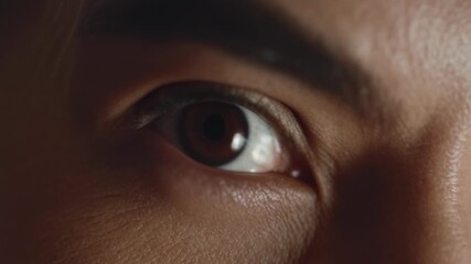 Close-up of a man's intense gaze highlighting sharp features and striking skin texture