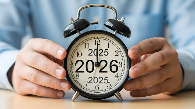 Man holding alarm clock displaying years 2025 and 2026 time management