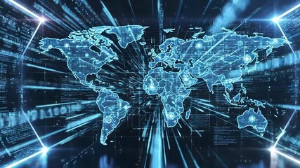Abstract digital world map with glowing blue lines and binary code streams representing global data transfer and futuristic technology concept - Powered by Adobe