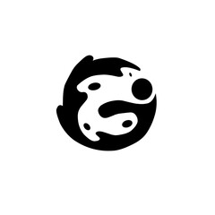 An abstract, circular design resembling a stylized planet or moon with craters, creating a dynamic, modern, and cosmic emblem. It conveys themes of space and global connection.