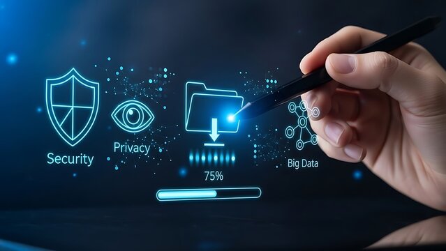 Data Security and Privacy Conceptual Illustration with Hand Using Digital Pen Interacting with Interface for Information Download and Big Data Analytics at Seventy Five Percent Progress Bar