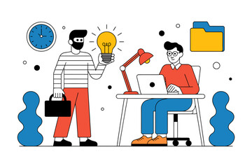 Flat 2D Vector Illustration of Businessmen with Lightbulb Idea and Laptop, Creative Work Environment.