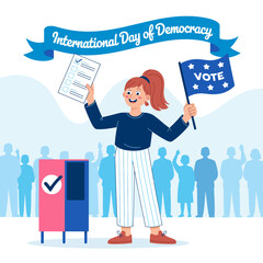 International Day of Democracy Illustration with Girl Holding Vote Flag and Ballot, Celebrating Civic Participation.