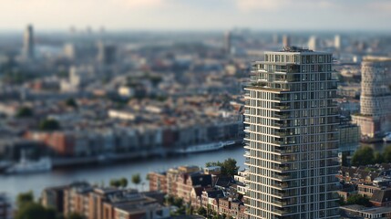 The tall building rises majestically over the city of Amsterdam, showcasing modern architecture and providing homes for many residents. This remarkable structure enhances the skyli