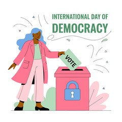 International Day of Democracy Illustration with Woman Casting Vote into Locked Ballot Box.